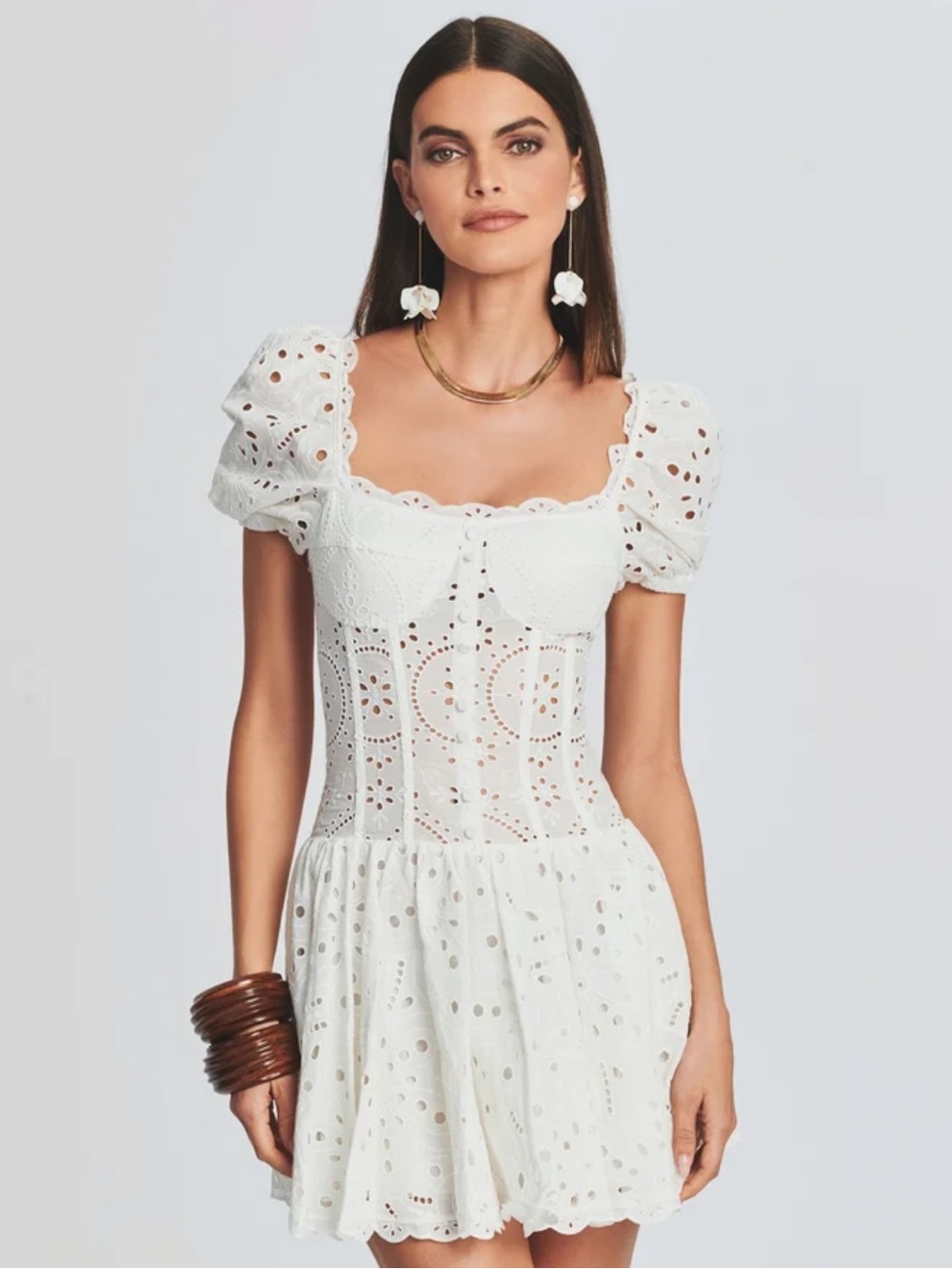 Charo Ruiz White Eyelet Puff-Sleeve Mini Dress